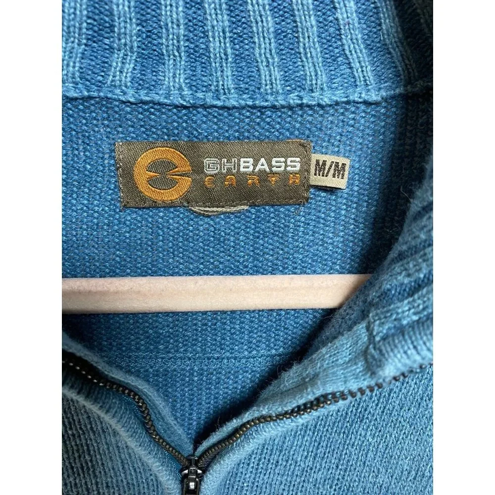 G.H. Bass Earth Sweater Adult Medium Blue 1/4 Zip Knit‎ Sweatshirt Mens.